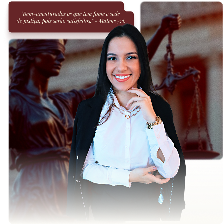 A imagem mostra a doutora e especialista em direito criminal Marina Roberti Sampaio, atrás dela está uma montagem de imagens contendo uma estátua da justiça com os olhos vendados e segurando uma balança antiga